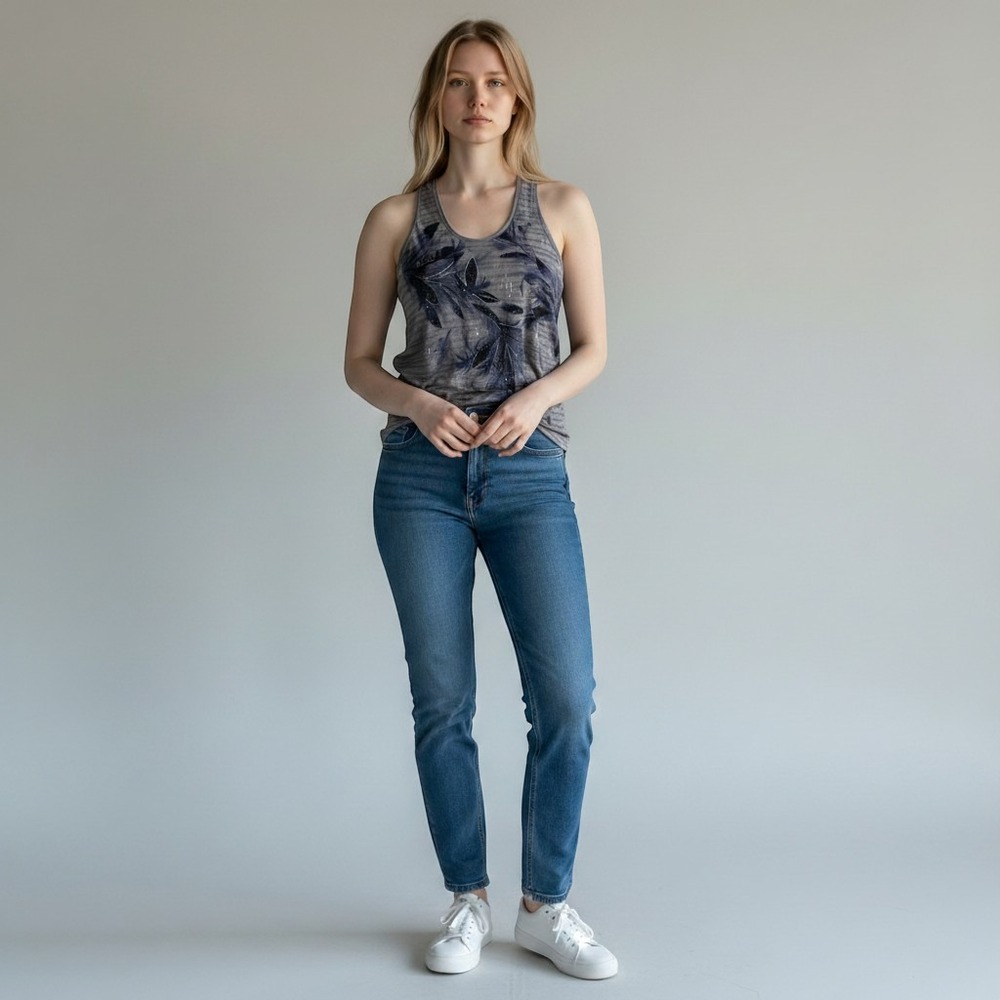 Rock & Republic Womens XL Gray Blue Striped Feather Studded Racerback Tank Top
